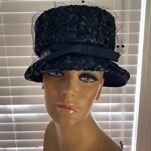 Vintage black Valerie Modes straw hat with netting and bow